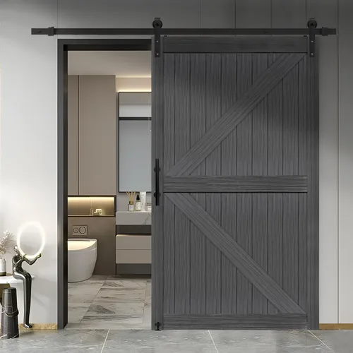 Miniatura 22 de S&Z TOPHAND® Puerta de granero doble de MDF de 18 x 84 pulgadas con kit de herrajes para puerta corredera de 6 pies, tablero sólido de puerta