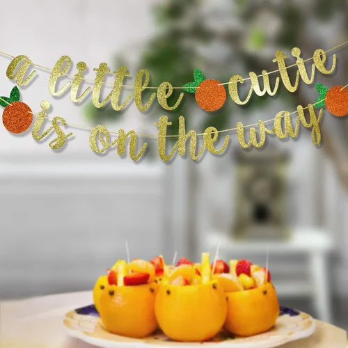 Miniatura 6 de Cartel con texto en inglés "A Little Cutie Is On The Way" – Decoración de fiesta de cumpleaños y baby shower con temática de naranja cítrico
