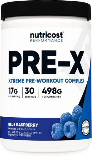 Nutricost Pre-X Xtreme - Complejo de polvo para pre-entrenamiento, frambuesa azul, 30 porciones, vegetariano, sin OMG y sin gluten