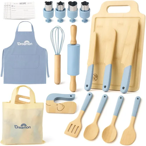 Juego de Cocina de Madera para Niños de 29 Piezas, Herramientas de Cocina y Hornear Montessori para Niños Pequeños para Cocina Real, 3 Cuchillos,