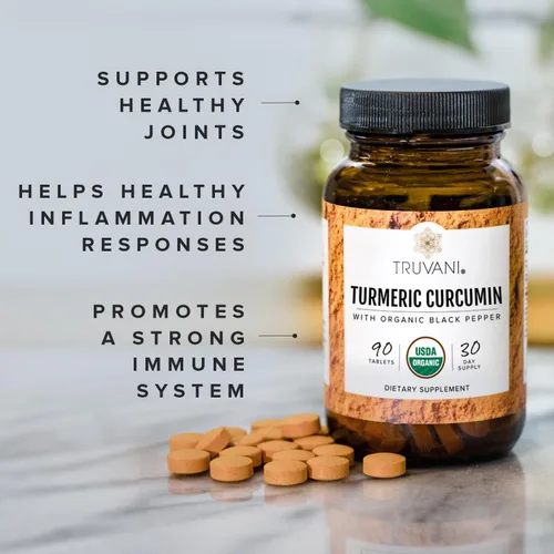 Miniatura 3 de Truvani Tabletas de curcumina de cúrcuma orgánica de 1,350 mg cada una, apoyo natural para las articulaciones con pimienta negra para absorción - 90