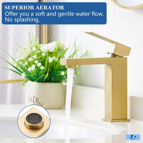 Miniatura 2 de Tohlar Grifo de baño dorado, grifo dorado cepillado para fregadero de baño, grifo de baño dorado de un solo agujero, moderno grifo de lavabo