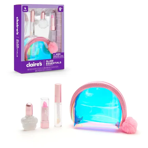 Claire's Glam Essentials - Kit de maquillaje para niños, juego de cosméticos reales de 4 piezas con mini bolsa, brillo de labios, lápiz labial y