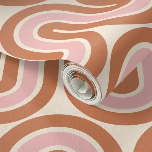 Miniatura 2 de Papel tapiz para despegar y pegar, diseño retro de mediados de siglo, líneas rosadas y marrones, decoración del hogar, olas, papel tapiz extraíble