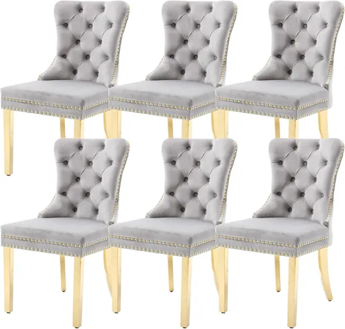 Miniatura 16 de KCC Nikki Collection - Juego de 4 sillas de comedor de terciopelo tapizadas de alta gama con anillo trasero de clavo, patas de madera maciza
