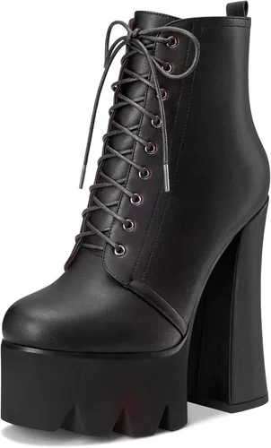 Miniatura 19 de HDEUOLM Botas de tobillo con tacón alto de bloque grueso para mujer, puntera redonda, botines cortos con cordones y cremallera, zapatos clásicos