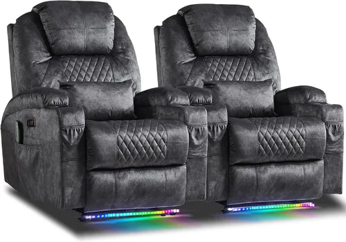 Miniatura 16 de AHMED Silla reclinable eléctrica con masaje por vibración y calor para adultos, asiento de cine en casa de piel sintética con portavasos, luces LED