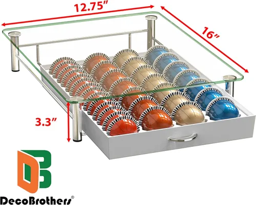 Miniatura 3 de DecoBrothers Cajón Organizador de Cápsulas de Vidrio Templado de Cristal Vertuo, Organizador de 28 Cápsulas Grandes o 56 Pequeñas Nespresso, Blanco