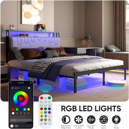 Miniatura 4 de J.Fkne Base de cama matrimonial con estación de carga y luces LED, plataforma de cama de tamaño matrimonial con listones de metal, cabecera tapizada