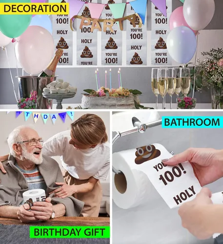 Miniatura 5 de Papel higiénico impreso TP para regalo de cumpleaños número 100 – Holy You're 100 Bday Party Funny Birthday Gag Gift Joke papel higiénico, novedad