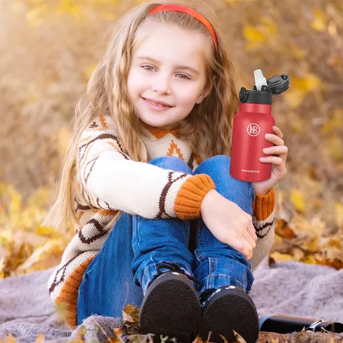 Miniatura 7 de Han's Bottle Botella de agua para niños con tapa con pajilla, vaso reutilizable de acero inoxidable aislado para niñas, niños, taza térmica, 12 Rojo