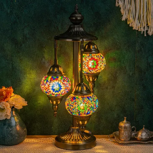 Miniatura 9 de Marrakech Lámpara turca de mesa marroquí de 3 globos con base de bronce, 23 pulgadas de alto, hecha a mano, colorido, mosaico Tiffany, lámpara