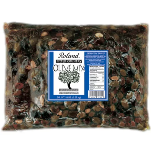 Roland Foods Mezcla de aceitunas griegas country, aceitunas enteras sin hueso marinadas con ajo y pimientos Pepperoncini, alimentos importados