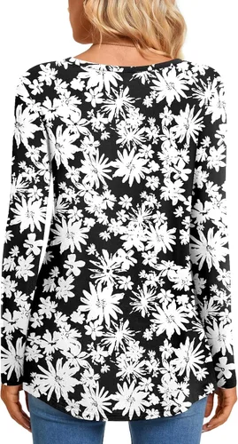 Miniatura 4 de CATHY Blusa tipo túnica de manga larga para mujer, cuello en V, con botones, informal, plisada, básica