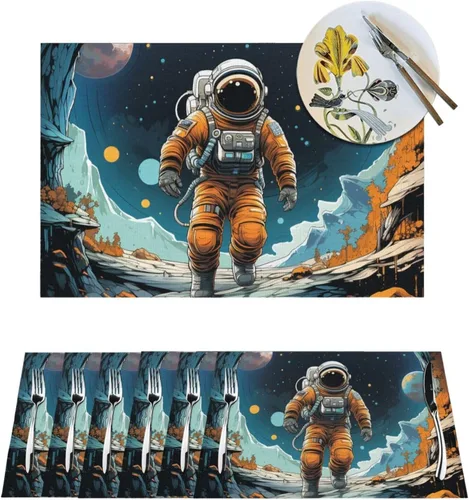 6 PCS PVC Placemats Set Place Mats Astronaut and Spaceship Non-Slip Weave Place Mats 12" x 18" Farmhouse Table Mat Set for Family Dinners Wedding