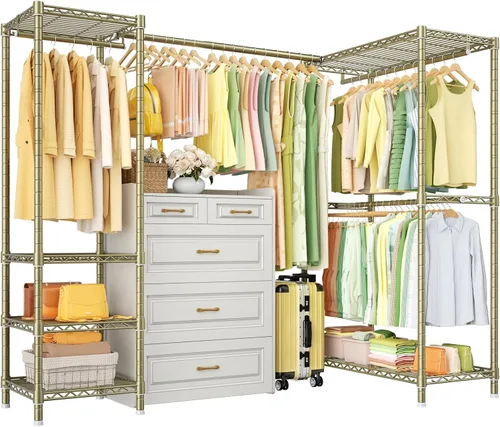 Miniatura 12 de ULIFHOME E10L - Perchero en forma de L para esquina (con barra de suspensión expandible), resistente y independiente para colgar ropa, perchero