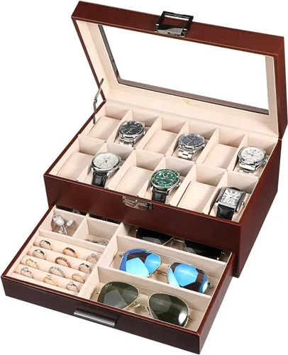Voova Joyero organizador de cajas de reloj para hombres y mujeres 2 capas grandes de 12 ranuras de piel sintética estuche de almacenamiento de