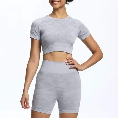 Miniatura 2 de Aoxjox Traje de yoga para mujer, sin costuras, 2 piezas, entrenamiento, gimnasio, adaptado, pantalones cortos de cintura alta con brasier deportivo
