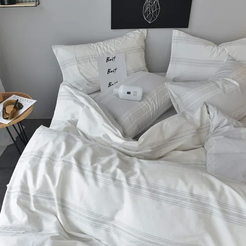 Miniatura 5 de Juego de funda de edredón tamaño individual, 100% algodón, estampado a rayas blanco/gris claro, ropa de cama de 3 piezas con cierre de cremallera