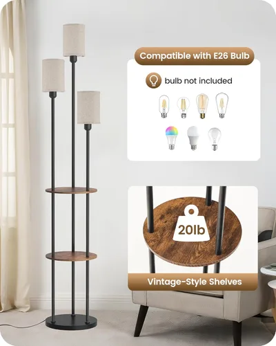 Miniatura 7 de Lámpara de pie de 180 cm con estantes, lámpara de pie moderna con 3 pantallas de lino y interruptor de pie, lámpara de pie de 3 luces, para sala