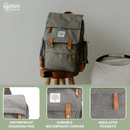 Miniatura 4 de Parker Baby Co. Mochila para pañales - Bolsa de pañales grande con bolsillos aislados, correas para cochecito y cambiador - Bolsa Birch - Gris