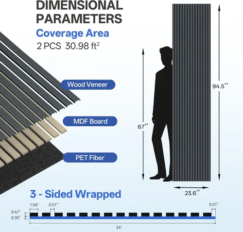 Miniatura 5 de PIWA Paneles de listones acústicos de madera, 94 x 24 pulgadas, 2 unidades, superficie MDF de 0.472 in con núcleo absorbente de sonido de 0.394