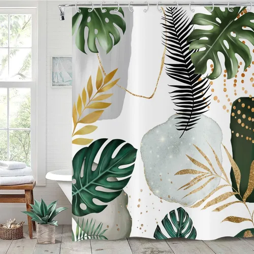 Miniatura 30 de Cortina de ducha bohemia y chic, cortina de baño moderna con hojas tropicales abstractas y ramas botánicas doradas, para decoración del hogar, tela