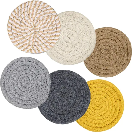 Portavasos absorbentes hechos a mano trenzados para bebida, paquete de 6 (4.3 pulgadas, redondo, 0.32 pulgadas de grosor (8mm)) super absorbentes,