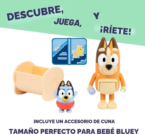 Miniatura 3 de Paquete de 2 figuras articuladas de juguete de carreras de Bluey Baby, juguetes de personajes con Chilli y bebé en cuna accesorio, figuras de acción