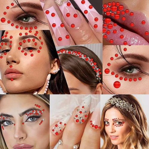 Miniatura 6 de 3090 calcomanías de diamantes de imitación autoadhesivas rojas para el cabello, joyas para los ojos, calcomanías con purpurina para el cuerpo, rojo