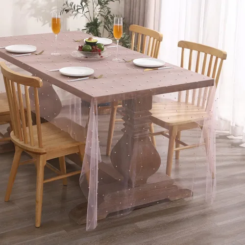 Mantel de encaje rosa con perla de 55 x 55 pulgadas, funda de mesa de tela de tul transparente para decoración de arco de boda, cumpleaños, fiesta