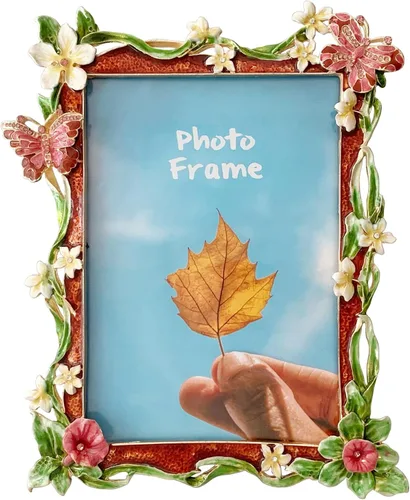 Miniatura 8 de Marco de fotos vintage de 5 x 7, marco de fotos floral pintado a mano con marco de metal y vidrio de alta definición para exhibición de mesa