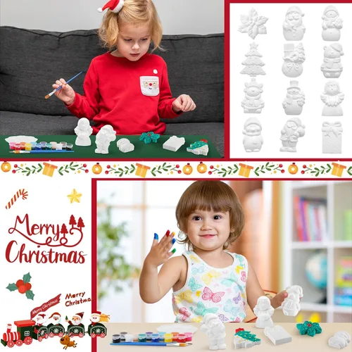 Miniatura 4 de Leyndo Juego de 12 piezas de cerámica de Navidad para pintar, pintar tus propias figuras, Papá Noel, muñeco de nieve, árbol de Navidad