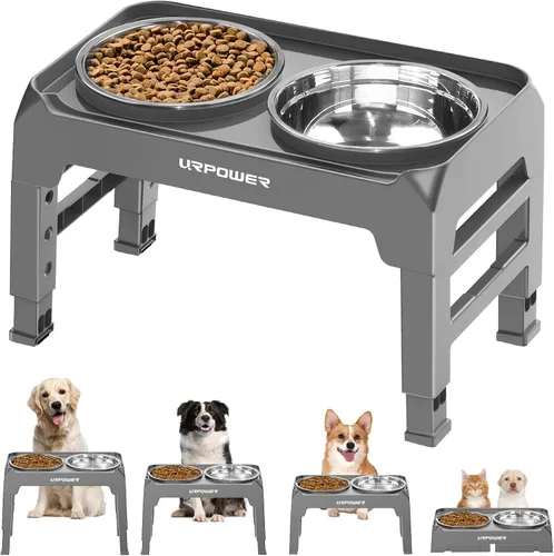 Miniatura 12 de URPOWER Cuencos elevados para perros, soporte elevado ajustable de 4 alturas con 2 cuencos grandes de acero inoxidable para alimentos y agua
