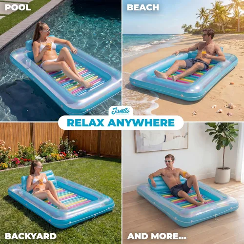 Miniatura 5 de JAMBO Flotador inflable para bronceado en piscina, 70 x 47 pulgadas, flotador de bronceado en piscina con almohada, balsa de agua para relajarse