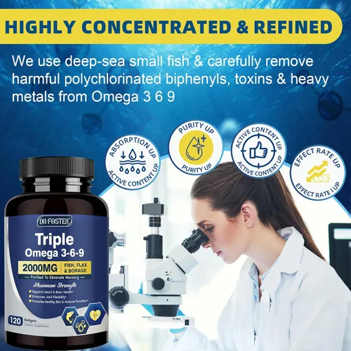 Miniatura 6 de Triple Omega 3-6-9 - Aceite de pescado de 2000 mg con vitamina E - Suplemento de ácidos grasos EPA y DHA - Apoya la salud del corazón, cerebro