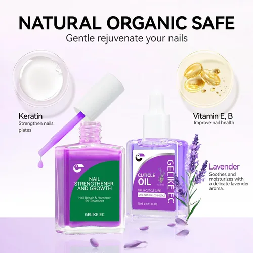 Miniatura 4 de Gelike EC Kit de uñas para principiantes: tratamiento de crecimiento de esmalte de uñas morado fácil de usar y aceite de lavanda para uñas delgadas