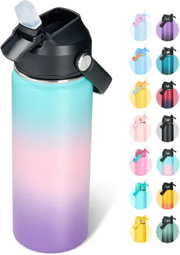 Miniatura 38 de Fijinhom Botella de agua aislada de acero inoxidable de 18 oz, de boca ancha, de doble pared, con vacío, con pajita de silicona, a prueba de sudor