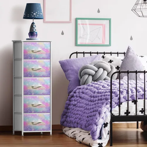 Miniatura 2 de Sorbus Cómoda para niños con 5 cajones, organizador de cofre de almacenamiento, mesita de noche, marco de acero, parte superior de madera, Acuarela