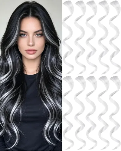 Miniatura 20 de 10 extensiones de cabello sintético rizado y ondulado negro con clip, reflejos de fiesta de neón arcoíris, accesorios de cabello coloridos