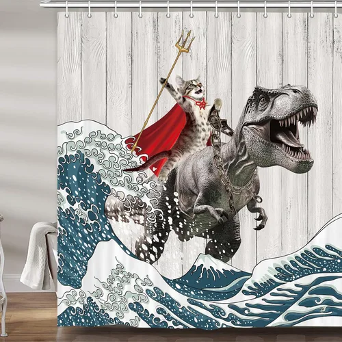 Miniatura 10 de Divertida Cortina de Ducha de Gato, Cortina de Ducha de Gato Genial con Dinosaurio y Ola Oceánica Japonesa, Cortina de Ducha Divertida de Gato