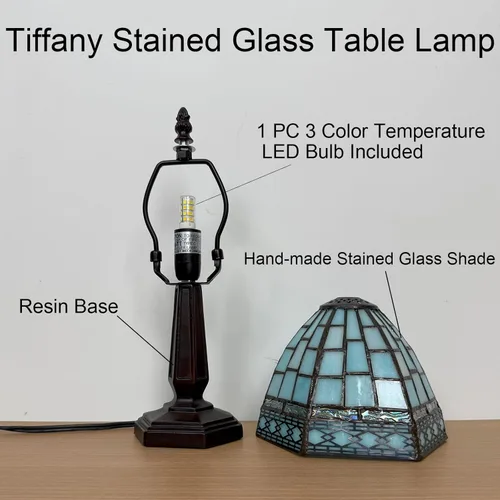 Miniatura 4 de Lámpara de Mesa Pequeña Estilo Tiffany, 3 Temperaturas de Color Rejilla Azul Lámparas de Mesa de Vidrio Emplomado, Luz Nocturna de Mesita de Noche