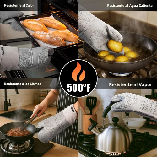 Miniatura 2 de Rorecay Juego de 6 guantes de horno y soportes para ollas para cocina, guantes de horno extralargos de silicona, resistentes al calor, 500 grados