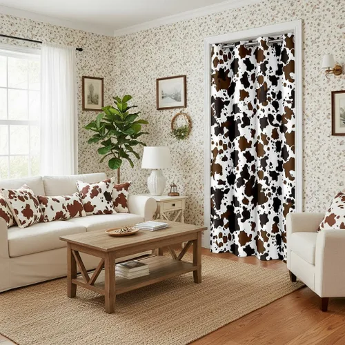 Miniatura 51 de Castle Fairy Cortina con estampado de piel de vaca para jóvenes adultos, diseño abstracto de piel de vaca blanca y granate, cortina opaca