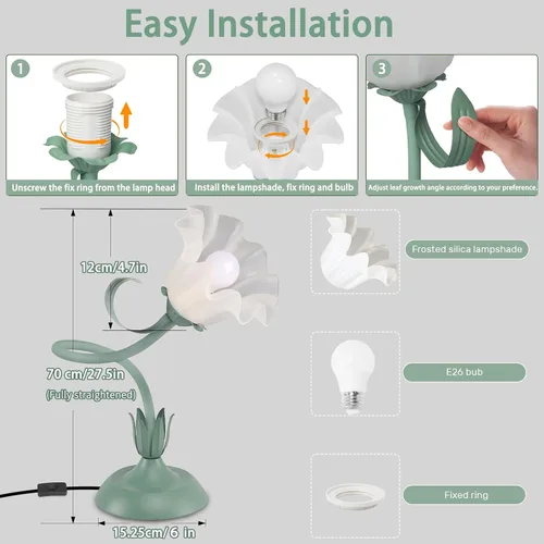 Miniatura 6 de Lámparas de mesita de noche para mujer, para dormitorio, bonita lámpara de escritorio de flores con cuello de cisne flexible ajustable, lámpara