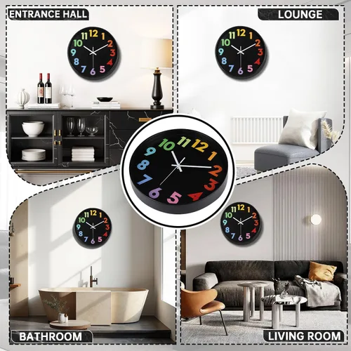 Miniatura 5 de Reloj de pared de 12 pulgadas para niños sin tictac que funciona con pilas, reloj de enseñanza para niños pequeños silencioso, colorido y decorativo
