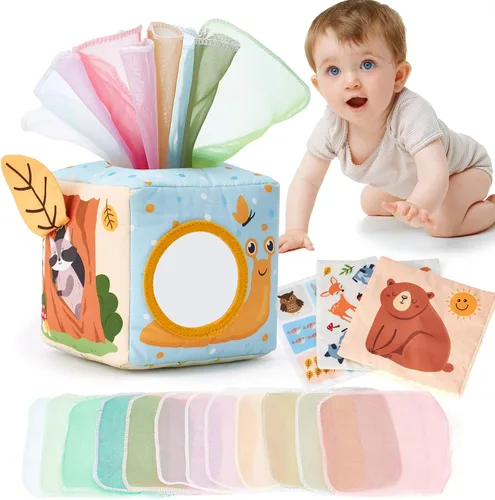hahaland Caja de pañuelos de juguete para bebé, juguetes Montessori de 6 a 12 meses, juguetes Montessori para niños de 6 meses, regalos para bebés y