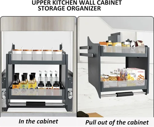 Miniatura 3 de LOYALHEARTDY Estante desplegable de 22 pulgadas, práctico armario de pared superior de cocina, organizador de almacenamiento con barandilla visual