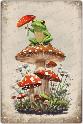 Zomyto Decoración de pared de hongos, decoración de rana linda, accesorios de cocina de hongos vintage, divertidos letreros de metal de rana,