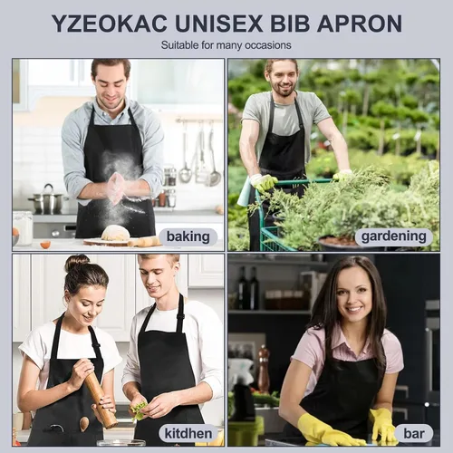 Miniatura 6 de Delantal de chef para hombre y delantal de servidor para mujer con 3 bolsillos, delantales negros para cocinar a la parrilla, unisex